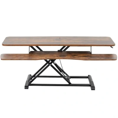 Abbildung von VIVO Schreibtisch Konverter, K Serie, höhenverstellbare Sitz Steherhöhung, Dual Monitor und Laptop Arbeitsplatz mit breiter Tastaturablage, rustikale braune Vintage Oberfläche, schwarzer Rahmen,