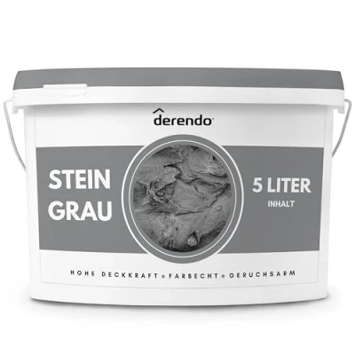 Abbildung von derendo Exklusive Wandfarbe grau 5L, hohe Deckkraft, Dispersionsfarbe innen, Innenwandfarbe Raumfarbe Betonoptik Steingrau, Deckkraftklasse 2, hochdeckende Innenfarbe Profi Qualität