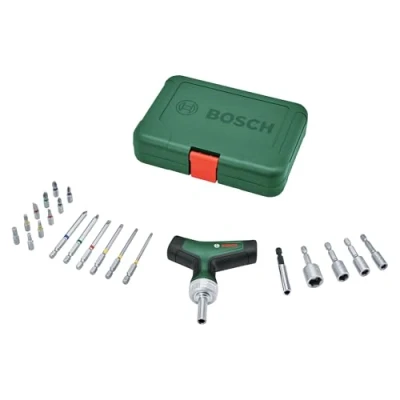 Abbildung von Bosch Bit Ratschenschraubendreher T Griff Set, 22 tlg. (max. Drehmoment 46 Nm; Getriebe mit 36 Zähnen; Magnetischer Bithalter; Softgrip; 16 Bits S2 Stahl; 4 Steckschlüssel; Koffer)