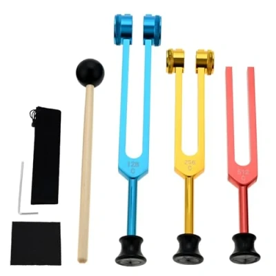 Abbildung von DRELD Stimmgabel Set 128Hz, 256Hz, 512Hz mit Gummiboden für Chakra Heilung, Klangtherapie, DNA Reparatur Reinigungstuch, Inbusschlüssel und Silikonhammer (bunt)