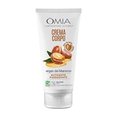 Abbildung von Omia, Eco Bio Körpercreme mit marokkanischem Arganöl, für trockene Haut, nährend und samtige elastisch, nicht weich, silikonfrei, dermatologisch getestet, 200 ml Flasche