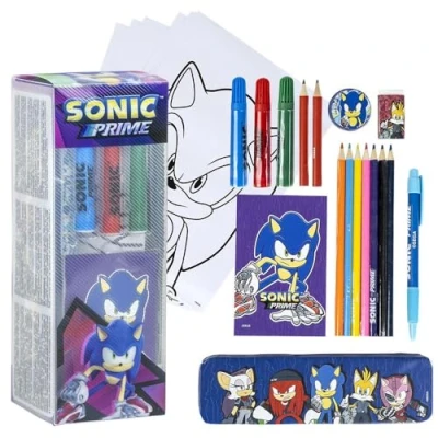 Abbildung von CERDÁ LIFE&#039;S LITTLE MOMENTS Schreibwaren Set inspiriert von Sonic Prime Farbe Blau 11 x 24 9,5 cm enthält alles, was Sie zum Ausmalen brauchen Originalprodukt in Spanien entworfen
