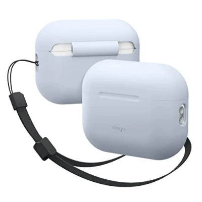 Abbildung von elago Silikonhülle Kompatibel mit Apple AirPods Pro 2. Generation Case, Inklusive Riemen, Front LED sichtbar, Unterstützt Kabelloses Aufladen (Hellblau)