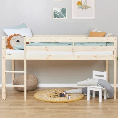 Abbildung von Hoppekids ECO Comfort Hochbett 90x200 mit Lattenrost und Kaltschaummatratze Natur Das Nordische Umweltzeichen TÜV Zertifiziert FSC® zertifiziertes massives Kiefernholz