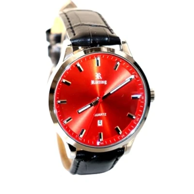 Abbildung von Rötting Design Quarzuhr Herrenuhr Quarz rotes Ziffernblatt DATUM schwarzes Lederarmband