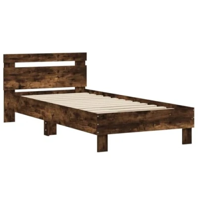 Abbildung von vidaXL Bettgestell, Bettrahmen mit Lattenrost, Bett Gästebett Kopfteil, Einzelbett Schlafzimmerbett Schlafzimmermöbel, Räuchereiche 90x190cm Holzwerkstoff