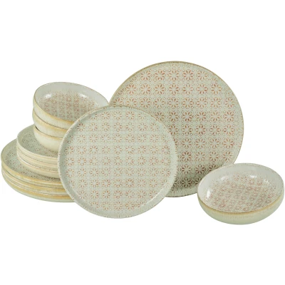 Abbildung von CreaTable, 24088, Serie Uno Emiliana Rot, 12 teiliges Geschirrset für 4 Personen, Teller Set aus Steinzeug, spülmaschinen und mikrowellengeeignet, Made in Portugal