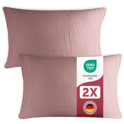 Abbildung von Blumtal Musselin Kissenbezug 40x80 cm im 2er Set Oeko TEX zertifiziertes Kopfkissen Bezug 40 x 80 100% Baumwolle Violett