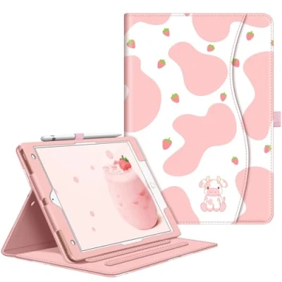 Abbildung von Fintie Hülle für iPad 9. Generation 2021/8. Gen 2020/7. 2019 10.2 Zoll, [Eckenschutz] Multi Winkel Betrachtung Folio Stand Schutzhülle mit Dokumentschlitze, Auto Sleep/Wake, Strawberry Cow