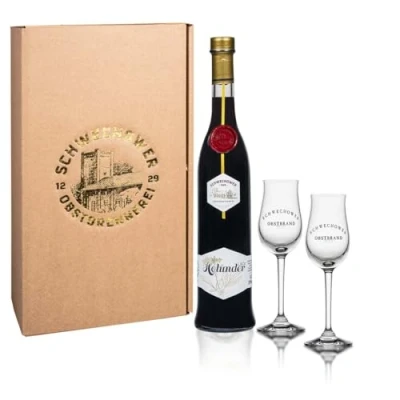 Abbildung von Schwechower Likör Holunder 0,5l + 2 Bouquetgläser (18% Vol.) Geschenk Holunderlikör 500ml