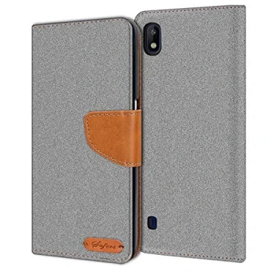 Abbildung von Verco kompatibel mit Samsung Galaxy A10 Hülle, Schutzhülle für Tasche Denim Textil Book Case Flip Klapphülle, Grau