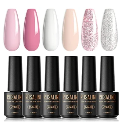 Abbildung von ROSALIND UV Nagellack Jelly, 6 Farben Mini Gel Set Hellrosa Weiß Glitzer Rosa Silber Shellac Soak Für Gelnägel Off Nail Polish French Manicure Lampe