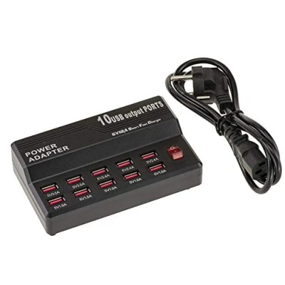Abbildung von KALEA INFORMATIQUE Industrielles USB Ladegerät vom Typ Ladestation 10 Ports mit Ausgängen von 1,0A bis 3,5A. Gesamtleistung 60W.