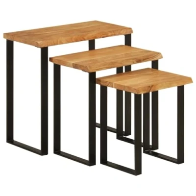 Abbildung von vidaXL Satztisch 3 STK., Couchtisch mit Baumkante Stahlbeine, Beistelltisch Sofatisch Wohnzimmer, Kaffeetisch Wohnzimmertisch, Massivholz Akazie