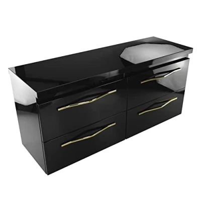 Abbildung von paplinskimoebel Badezimmerschrank Set Hochglänzend mit Arbeitsplatte für aufgesetztes Waschbecken, Größe 120 cm Doppelschrank Arbeitsplatte, Vier Schubladen, (Schwarz und schwarzes Oberteil)