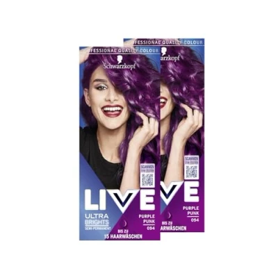 Abbildung von Schwarzkopf LIVE Ultra Brights Semi Permanente Haarfarbe 094 Purple Punk (2x 142 ml), Coloration für intensive oder pastellige Farbergebnisse, hält 1215 Haarwäschen, mit Pflege Conditioner