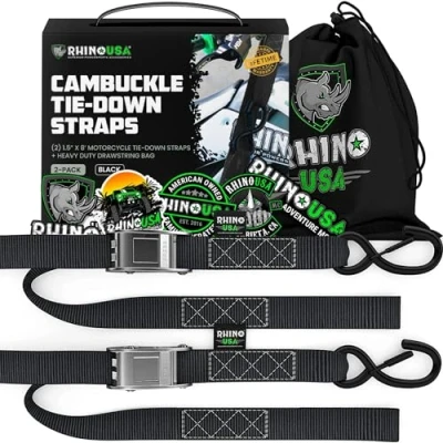 Abbildung von Rhino USA Motorrad Spanngurte mit Haken 2 Pack 1000kg Bruchfestigkeit Stahl Schloss Spanngurt Set Schlaufen Transportsicherung Transport Schwarz