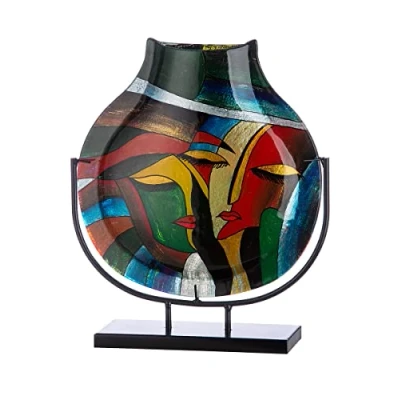 Abbildung von GILDE GLAS art Deko Vase auf schwarzem Metall Ständer Gesicht Face Kunstobjekt handbemalt Mehrfarbig Höhe 40 cm