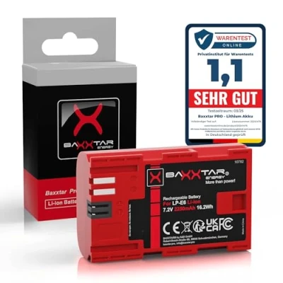 Abbildung von Baxxtar Pro LP E6 Akku 2250mAh (Info Chip, Intelligentes Batteriesystem) Kompatibel mit Canon EOS 60D 70D 80D 7D Mark I II 5DS 5D R III IV