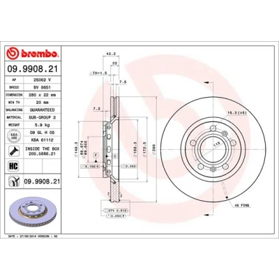 Abbildung von BREMBO COATED DISC LINE 09.9908.21 Bremsscheibe 280 22 5 innenbelüftet beschichtet hochgekohlt mit Schrauben AUDI: A8 D3, VOLKSWAGEN: Phaeton