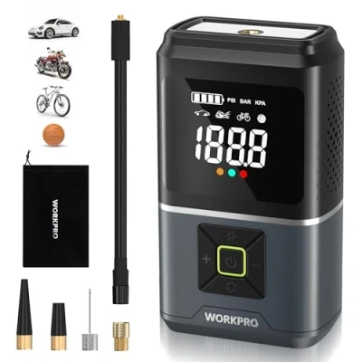 Abbildung von WORKPRO Elektrische Luftpumpe 150PSI(10,3bar), Akku Luftkompressor 7,2V 2500mAh, Kabellose Tragbare Reifenpumpe mit Digitalanzeige und Notbeleuchtung für Auto, Fahrrad, Motorrad, Bälle, Tragtasche