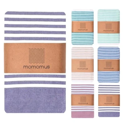 Abbildung von MOMOMUS Fouta XXL oder Picknickdecke für den Strand Mit Fransen, Gestreift und Leicht Große Stranddecke, Sandfreie Strandmatte Faltbare Campingdecke Violett, 210x240 cm
