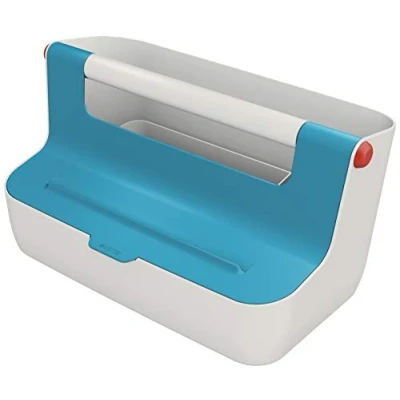 Abbildung von Leitz Mobile Aufbewahrungsbox, Cosy Serie, Hot Desking Box, Organizer Box für Zuhause oder das Büro, Aufbewahrungsbox mit Griff, smarte Fächer zur Organisation, Sanftes Blau, 61250061