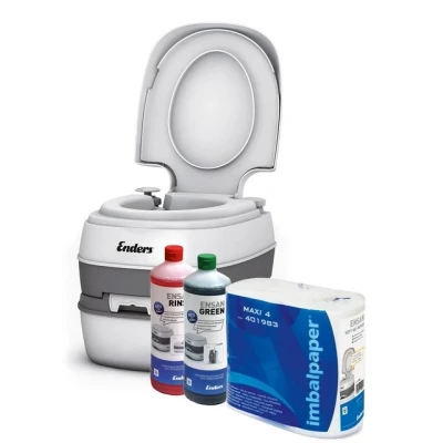 Abbildung von Enders® Campingtoilette Starterset GREEN Comfort, (Spar Set, inkl. 1L RINSE + 4 Rollen selbstauflösendes Toilettenpapier), Kolbenpumpe, geringes Gewicht, glatte und hygienische Oberfläche