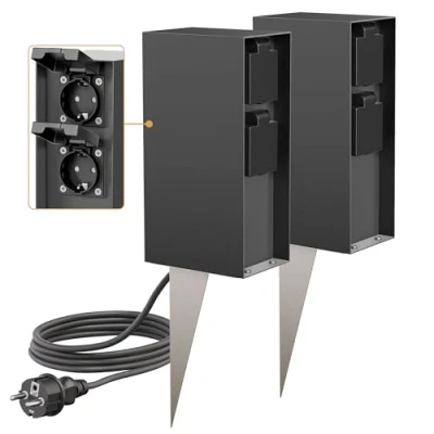 Abbildung von ledscom.de 2 Stück Garten Steckdosen Säule POMI mit Erdspieß und 2m Kabel für außen, IP44, 4 Fach, anthrazit, eckig, 23cm