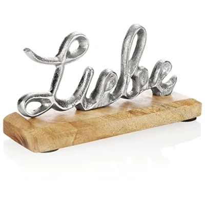 Abbildung von com four® Deko Aufsteller Liebe Schriftzug aus vernickeltem Aluminium auf Mangoholz Sockel zum Hinstellen (silberfarben Liebe)