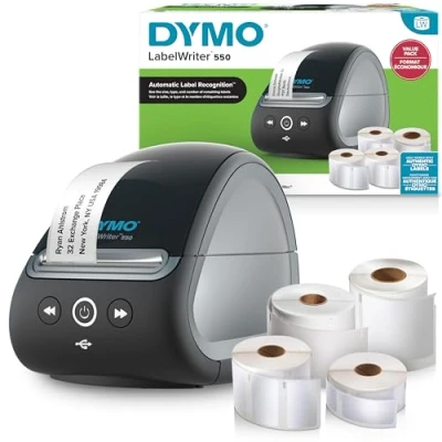 Abbildung von DYMO LabelWriter 550 Etikettendrucker &amp; Etiketten,2 x LW Mehrzwecketiketten(1.320 insgesamt), 1 Etiketten für Namensschilder (300 pro Rolle),LW Hochleistungsetiketten (160 Rolle), EU Stecker