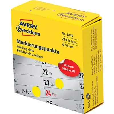 Abbildung von AVERY Zweckform 3856 selbstklebende Markierungspunkte (ø 19 mm, 250 Klebepunkte auf Rolle im Spender, runde Aufkleber für Kalender, Planer und zum Basteln) gelb