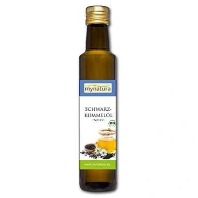 Abbildung von Mynatura Bio Schwarzkümmelöl 250ml I Kaltgepresst Hochwertige Fettsäuren Vegan Speiseöl Pflegeöl Schwarzkümmel DE ÖKO 044 Flasche (1 x 250ml)