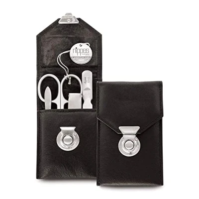 Abbildung von nippes Solingen, Premium Line Maniküre Set Locks Edelstahl nickel rostfrei Rindsleder Nageletui Nagelset Nagelpflege Maniküreset, Schwarz, 4 stück