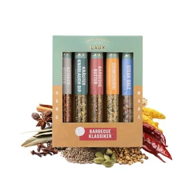 Abbildung von Laux Grill Gewürze Geschenkbox 5 Premium BBQ Hochwertiges Salat &amp; Zubehör Ausgefallene Geschenke für Männer Frauen