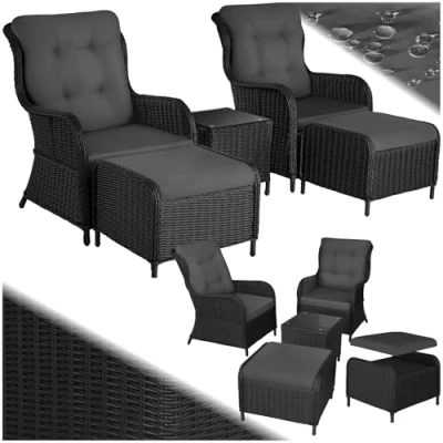 Abbildung von tectake® 2X Premium Rattan Sessel mit Hocker und Tisch, Relaxsessel für Garten, Terrasse Balkon, Lounge Gartenmöbel Set wetterfest, Gartenstühle, Lesesessel Sonnenliege schwarz/grau