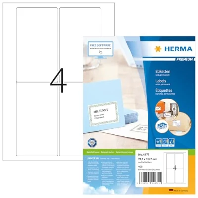 Abbildung von HERMA 4472 Versandetiketten, 100 Blatt, 78,7 x 139,7 mm, 4 pro A4 Bogen, 400 Stück, selbstklebend, bedruckbar, matt, blanko Papier Adressetiketten Aufkleber, weiß