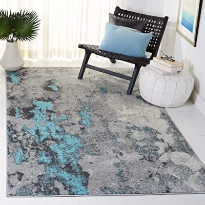 Abbildung von SAFAVIEH Abstrakt Teppich für Wohnzimmer, Esszimmer, Schlafzimmer Adirondack Collection, Kurzer Flor, Türkis und Grau, 183 X 274 cm