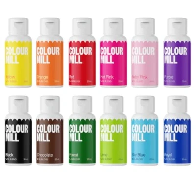 Abbildung von Colour Mill Oil Blend Kickstarter Lebensmittelfarben auf Ölbasis Lebensmittelfarben: Yellow, Orange, Red, Hot Pink, Baby Purple, Blac, Chocolate, Forest, Lime, Sky Blue, Royal Set/12