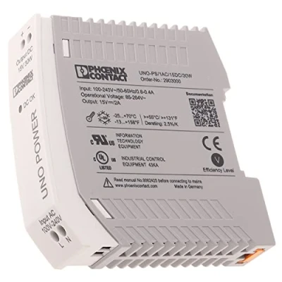 Abbildung von Phoenix Contact UNO PS/1AC/15DC/30W Phasen Getaktet DIN Schienen Netzteil 30W, 85 → 264V ac, 15V dc / 2A