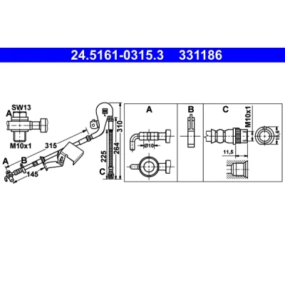 Abbildung von ATE 24.5161 0315.3 Bremsschläuche 310, 275 PEUGEOT: 407 SW, Limousine, Coupe, CITROËN: C6 Limousine