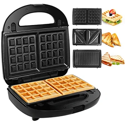 Abbildung von Gotoll 3 in 1 Sandwichmaker HS120N, 750 W, Waffeleisen Sandwichtoaster, Grill wechselplatten, schwarz