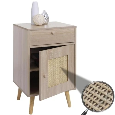 Abbildung von Beistelltisch HWC M36, Kaffeetisch Nachttisch Loungetisch, Staufächer Schublade, Kubu Rattan Holz Melamin, Eiche Optik
