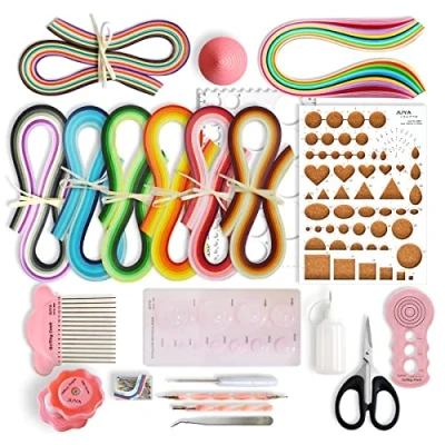 Abbildung von JUYA Papier Quilling Kit QK13 mit 960 Strips und 14 Werkzeuge (Rosa Werkzeuge, Papierbreite 3mm)