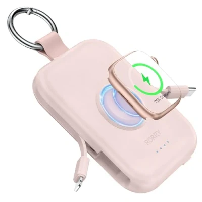 Abbildung von RORRY Power Bank, 5000mAh Externe Handy Akkus mit eingebauten Kabeln, Schlüsselanhänger Powerbank Kompatibel iPhone 16/15/14/13/12 und für Apple Watch 9/Ultra 2/8/Ultra/7/6/Se/5/4, Rosa