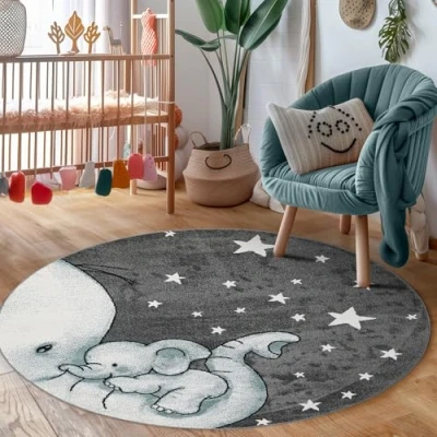 Abbildung von Carpettex Kinderteppich Elefant Design Blau 120 cm Rund Kurzflor Teppich Kinderzimmer für Mädchen und Jungen Pflegeleicht Weich Waschbarer Spielteppich Babyteppich Gaming Babyzimmer