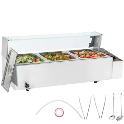 Abbildung von VEVOR kommerzieller Speisenwärmer mit 3 Behältern (8 Qt), elektrischer Dampftisch Glasabdeckung, 1500 W Arbeitsplatte aus Edelstahl, Buffet Bain Marie, 3085 C Temperaturregelung für Gastronomie