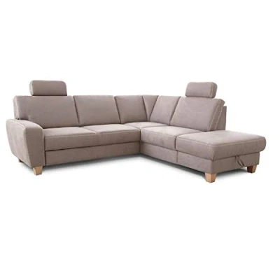 Abbildung von Cavadore Ecksofa Wisconsin mit Federkern / Couchgarnitur in Lederoptik 2 Kopfstützen Landhausstil Holzfüße Buche Mikrofaser 248 x 88 215 cm Hellgrau