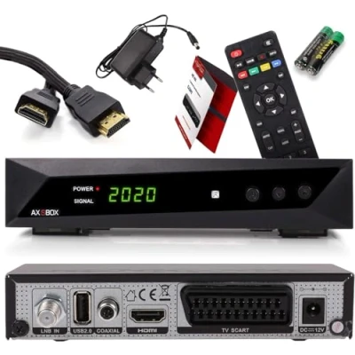 Abbildung von RED OPTICUM Sat Receiver HD für Satellitenschüssel, Satelliten Sat, 1080p, Full HD, AAC LC Audio, HDMI, SCART, USB 2.0, Koaxial Einkabel tauglich DOCS AX SBOX Set + HDMI Kabel