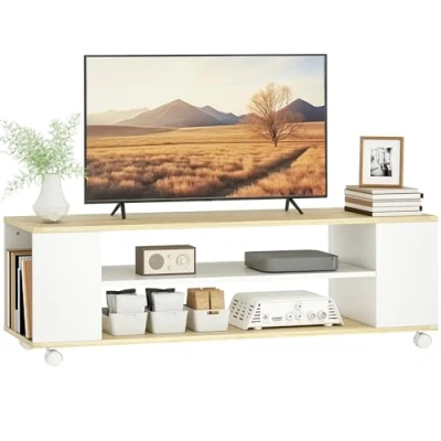 Abbildung von HOMCOM TV Schrank, Lowboard mit Rollen, Fernsehtisch 2 Offenen Fächern, Fernsehschrank für Geräte bis zu 55 Zoll, Board Wohnzimmer, Weiß+Natur 120 x 40 38,5 cm